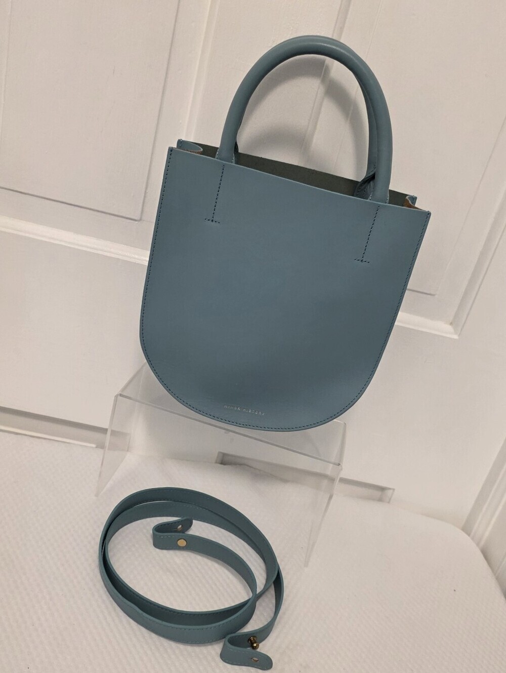 Minor History Blue Satchel/Crossbody Leather Open Top, Stylish, Sleek, Modern